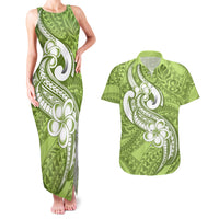 Polynesia Couples Matching Tank Maxi Dress and Hawaiian Shirt Plumeria With Tribal Pattern Green Pastel Vibes - Wonder Print Shop
