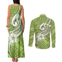 Polynesia Couples Matching Tank Maxi Dress and Long Sleeve Button Shirts Plumeria With Tribal Pattern Green Pastel Vibes - Wonder Print Shop