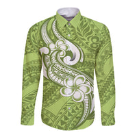 Polynesia Long Sleeve Button Shirt Plumeria With Tribal Pattern Green Pastel Vibes - Wonder Print Shop
