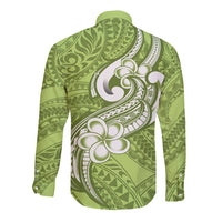 Polynesia Long Sleeve Button Shirt Plumeria With Tribal Pattern Green Pastel Vibes - Wonder Print Shop