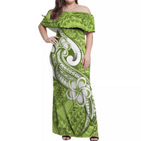 Polynesia Off Shoulder Maxi Dress Plumeria With Tribal Pattern Green Pastel Vibes - Wonder Print Shop