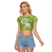 Polynesia Raglan Cropped T Shirt Plumeria With Tribal Pattern Green Pastel Vibes - Wonder Print Shop