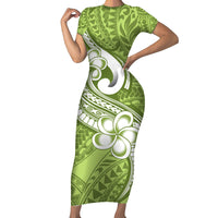 Polynesia Short Sleeve Bodycon Dress Plumeria With Tribal Pattern Green Pastel Vibes - Wonder Print Shop