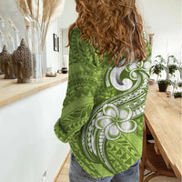 Polynesia Women Casual Shirt Plumeria With Tribal Pattern Green Pastel Vibes - Wonder Print Shop