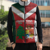 Custom Rugby Tonga and Lebanon Sleeveless Puffer Jacket Mate Maa Tonga Cedars Together