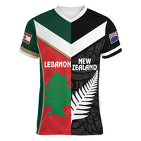 Custom Rugby New Zealand and Lebanon Women V-Neck T-Shirt All Black Cedars Together