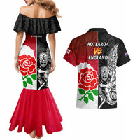 New Zealand And England Rugby Couples Matching Mermaid Dress and Hawaiian Shirt 2023 World Cup All Black Combine Red Roses - Wonder Print Shop