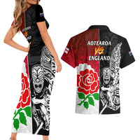 New Zealand And England Rugby Couples Matching Short Sleeve Bodycon Dress and Hawaiian Shirt 2023 World Cup All Black Combine Red Roses - Wonder Print Shop