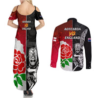 New Zealand And England Rugby Couples Matching Summer Maxi Dress and Long Sleeve Button Shirt 2023 World Cup All Black Combine Red Roses - Wonder Print Shop