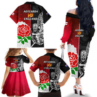 New Zealand And England Rugby Family Matching Off Shoulder Long Sleeve Dress and Hawaiian Shirt 2023 World Cup All Black Combine Red Roses - Wonder Print Shop