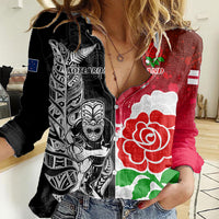 New Zealand And England Rugby Women Casual Shirt 2023 World Cup All Black Combine Red Roses - Wonder Print Shop