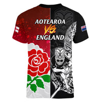 New Zealand And England Rugby Women V Neck T Shirt 2023 World Cup All Black Combine Red Roses - Wonder Print Shop