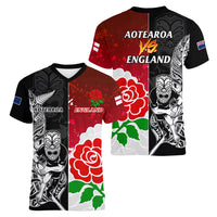 New Zealand And England Rugby Women V Neck T Shirt 2023 World Cup All Black Combine Red Roses - Wonder Print Shop