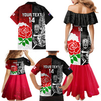 Custom New Zealand And England Rugby Family Matching Mermaid Dress and Hawaiian Shirt 2023 World Cup All Black Combine Red Roses - Wonder Print Shop