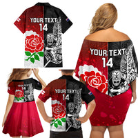 Custom New Zealand And England Rugby Family Matching Off Shoulder Short Dress and Hawaiian Shirt 2023 World Cup All Black Combine Red Roses - Wonder Print Shop