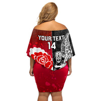 Custom New Zealand And England Rugby Off Shoulder Short Dress 2023 World Cup All Black Combine Red Roses - Wonder Print Shop