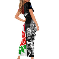 Custom New Zealand And England Rugby Short Sleeve Bodycon Dress 2023 World Cup All Black Combine Red Roses - Wonder Print Shop