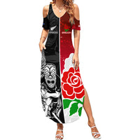Custom New Zealand And England Rugby Summer Maxi Dress 2023 World Cup All Black Combine Red Roses - Wonder Print Shop
