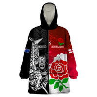Custom New Zealand And England Rugby Wearable Blanket Hoodie 2023 World Cup All Black Combine Red Roses - Wonder Print Shop