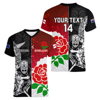 Custom New Zealand And England Rugby Women V Neck T Shirt 2023 World Cup All Black Combine Red Roses - Wonder Print Shop