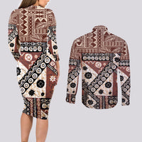 Bula Fiji Couples Matching Long Sleeve Bodycon Dress and Long Sleeve Button Shirt Unique Masi Tapa Pattern - Wonder Print Shop