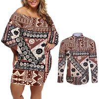 Bula Fiji Couples Matching Off Shoulder Short Dress and Long Sleeve Button Shirt Unique Masi Tapa Pattern - Wonder Print Shop