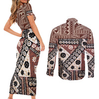 Bula Fiji Couples Matching Short Sleeve Bodycon Dress and Long Sleeve Button Shirt Unique Masi Tapa Pattern - Wonder Print Shop