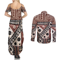 Bula Fiji Couples Matching Summer Maxi Dress and Long Sleeve Button Shirt Unique Masi Tapa Pattern - Wonder Print Shop