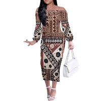 Bula Fiji Off The Shoulder Long Sleeve Dress Unique Masi Tapa Pattern - Wonder Print Shop
