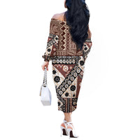 Bula Fiji Off The Shoulder Long Sleeve Dress Unique Masi Tapa Pattern - Wonder Print Shop
