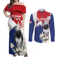 Panama Independence Day Couples Matching Off Shoulder Maxi Dress and Long Sleeve Button Shirt Harpy Eagle With Mola Pattern - Flag Style - Wonder Print Shop