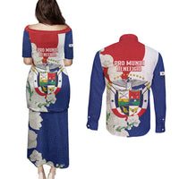 Panama Independence Day Couples Matching Puletasi and Long Sleeve Button Shirt Harpy Eagle With Mola Pattern - Flag Style - Wonder Print Shop