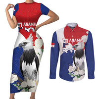 Panama Independence Day Couples Matching Short Sleeve Bodycon Dress and Long Sleeve Button Shirt Harpy Eagle With Mola Pattern - Flag Style - Wonder Print Shop
