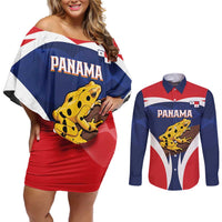 Panama Golden Frog Couples Matching Off Shoulder Short Dress and Long Sleeve Button Shirt Coat Of Arms - Sporty Style - Wonder Print Shop