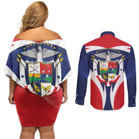 Panama Golden Frog Couples Matching Off Shoulder Short Dress and Long Sleeve Button Shirt Coat Of Arms - Sporty Style - Wonder Print Shop