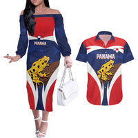 Panama Golden Frog Couples Matching Off The Shoulder Long Sleeve Dress and Hawaiian Shirt Coat Of Arms - Sporty Style - Wonder Print Shop