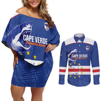 Cape Verde Football Custom Couples Matching Off Shoulder Short Dress and Long Sleeve Button Shirt Come On Tubaroes Azuis Shark - Wonder Print Shop