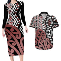 New Zealand Couples Matching Long Sleeve Bodycon Dress and Hawaiian Shirt Aotearoa Kowhaiwhai Mix Taniko Art - Wonder Print Shop