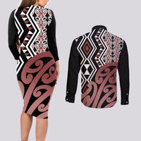 New Zealand Couples Matching Long Sleeve Bodycon Dress and Long Sleeve Button Shirt Aotearoa Kowhaiwhai Mix Taniko Art - Wonder Print Shop