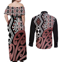 New Zealand Couples Matching Off Shoulder Maxi Dress and Long Sleeve Button Shirt Aotearoa Kowhaiwhai Mix Taniko Art - Wonder Print Shop