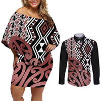 New Zealand Couples Matching Off Shoulder Short Dress and Long Sleeve Button Shirt Aotearoa Kowhaiwhai Mix Taniko Art - Wonder Print Shop