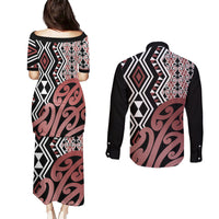 New Zealand Couples Matching Puletasi Dress and Long Sleeve Button Shirt Aotearoa Kowhaiwhai Mix Taniko Art - Wonder Print Shop