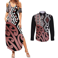 New Zealand Couples Matching Summer Maxi Dress and Long Sleeve Button Shirt Aotearoa Kowhaiwhai Mix Taniko Art - Wonder Print Shop