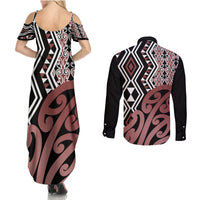 New Zealand Couples Matching Summer Maxi Dress and Long Sleeve Button Shirt Aotearoa Kowhaiwhai Mix Taniko Art - Wonder Print Shop