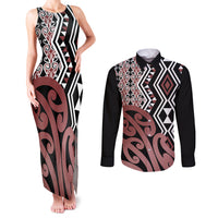 New Zealand Couples Matching Tank Maxi Dress and Long Sleeve Button Shirt Aotearoa Kowhaiwhai Mix Taniko Art - Wonder Print Shop