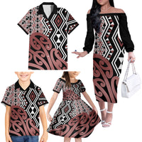 New Zealand Family Matching Off Shoulder Long Sleeve Dress and Hawaiian Shirt Aotearoa Kowhaiwhai Mix Taniko Art - Wonder Print Shop
