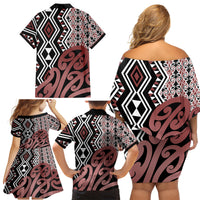 New Zealand Family Matching Off Shoulder Short Dress and Hawaiian Shirt Aotearoa Kowhaiwhai Mix Taniko Art - Wonder Print Shop