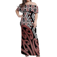 New Zealand Off Shoulder Maxi Dress Aotearoa Kowhaiwhai Mix Taniko Art - Wonder Print Shop