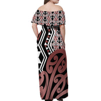 New Zealand Off Shoulder Maxi Dress Aotearoa Kowhaiwhai Mix Taniko Art - Wonder Print Shop