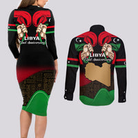 Libya Independence Day Couples Matching Long Sleeve Bodycon Dress and Long Sleeve Button Shirt Happy 24 December African Pattern Flag Style - Wonder Print Shop